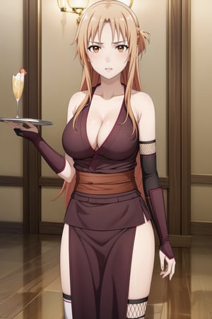 masterpiece,best quality,highres,ultra-detailed,asuna yuuki, long hair, orange hair, brown eyes, empty eyes:1.3,  holding tray, tray:1.3, alcohol, breasts,  solo, ninja, cleavage, thighhighs, pelvic curtain, gloves, fishnets, large breasts, japanese clothes,  bare shoulders, sash,  (indoors:1.2), (royal room:1.2), (latex), standing, StandingAtAttention,b1mb0,night club,lemon0021,,asuna yuuki,holding_tray,aaasuna,ninja