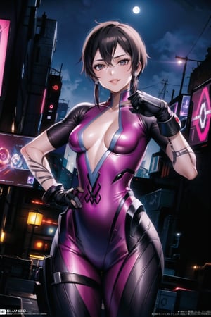 ((best quality)), ((highly detailed)), masterpiece, ((official art)), shino asada, ((black hair:1.2)), short hair,  hair between eyes, hair ribbon, sidelocks, short hair with long locks:1.3,  (lips), evil smile, hand on hip,cowboy shot, (widowsuit:1.2), black gloves, medium breasts, tattoo, (arm tattoo:1.2) ,(pose:1.3), best quality, masterpiece, intricate details, scenary, outdoors, street, nigth, moon, (cyberpunk:1.2), star_(sky), spacecraft,trending on Artstation,  ,widowsuit,arm tattoo,aayelan