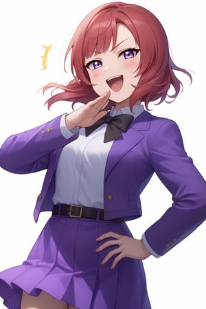 score_9,score_8_up,score_7_up,,1girl, solo, lovelive_maki, nishikino maki, red hair, short hair,, long hair, jacket, smile, white background, ojou-sama pose, open mouth, looking at viewer, belt, blush, long sleeves, simple background, skirt, ribbon, bow, hair ribbon, hand on own hip, school uniform, smug, blunt bangs, black belt, black bow, bowtie, hand up, sblack ribbon, :d, purple jacket, shirt, purple skirt,  open jacket, black bowtie, dress, purple dress, pleated skirt