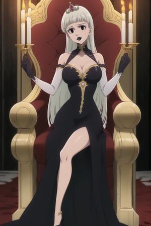 (best quality), (highly detailed), masterpiece, (official art), (Elizabeth, black hair, blunt bangs, long hair):1.2, facial mark, black lips:1.4, makeup:1.2, black eyes:1.2, black latex royal gown with intricate designs, high collar, flowing latex cape, black latex gloves, crystal tiara, sitting on a dark, gothic throne in a demon kingdom’s castle, surrounded by torches and ancient stone walls, her gaze cold and commanding, solo female, large breasts, full-body shot, looking at viewer, perfect face, realistic body, high-definition quality, regal and menacing, demon princess, b1mb0,