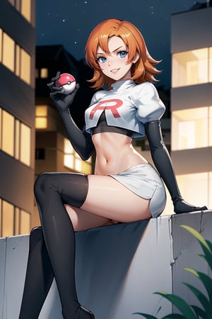(best quality), (highly detailed), masterpiece, (official art), nora_valkyrie, orange hair, short hair, blue eyes, posing, lips, ( evil smile), sitting, poke ball, poke ball (basic), holding poke ball,Team Rocket, cropped jacket, white jacket, crop top, jacket, gloves, black gloves, elbow gloves, navel, midriff, white skirt, miniskirt, skirt, thighhighs,, looking at viewer, china, asiática, city, night, sky, (intricately detailed, hyperdetailed), blurry background,depth of field, best quality, masterpiece, intricate details, tonemapping, sharp focus, hyper detailed, trending on Artstation,1 girl, high res, official art