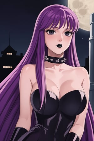 ((best quality)),  ((highly detailed)),  masterpiece,  ((official art)),(Saori Kido, Saori, long hair, purple hair),((black eyes, empty eyes,expressionless,hypnosis)),(((white skin))) ,((makeup,lipstick, black lips:1.2)),absurdres, (spiked collar:1.2), black cape, cape, coyboy shot:1.3, thighhighs, lips,  blush,  (black latex:1.3),  black dress:1.2,  miniskirt  ((bodyconf)),  bare shoulders,  (( strapless)),  large breast,  looking at viewer,  street,  city,  nigth,  moon,  club,  (nigth club),  , hd quality,  perfect face , realistic,  realistic body,  perfect face sync,  , b1mb0,,,black lips,Saori Kido