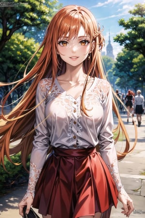 (best quality), (highly detailed), masterpiece, (official art), , aaasuna ,brown eyes, long hair, (orange hair), red hair, smile, (lips),  white blouse,  long sleeves,  collarbone,  pleated skirt,  red skirt,  medium breast,  standing, , (park), (tree), standing (intricately detailed,  hyperdetailed),  blurry background, depth of field,  best quality,  masterpiece,  intricate details,  tonemapping,  sharp focus, hyper detailed, trending on Artstation,1 girl, solo,high res,official art, ,edgCJ