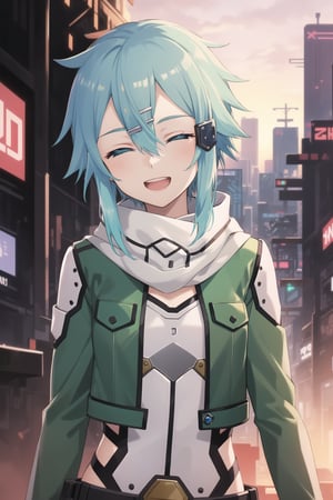 (best quality), (highly detailed), masterpiece, (official art), ((sinon1, cyberpunk, hair ornament, hairclip)), 1girl, upper body, bangs, blue eyes, blue hair, blurry, blurry background, fingerless gloves, green jacket, hair between eyes, hair ornament, hairclip, highres, jacket, long sleeves, outdoors, scarf, short hair, short hair with long locks, sidelocks, sinon, solo, sunset, sword art online, turning head:1.2,(( looking sides, closed partially eyes)), blue eyes, smiling, open mouth