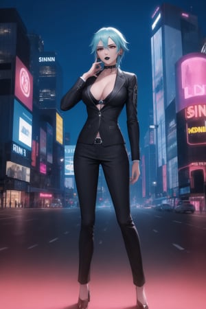 (best quality), (highly detailed), masterpiece, (official art),  Sinon, black lips:1.2, lips:1.3, wearing a sleek black suit, earpiece in one ear, standing guard at the entrance of a high-tech skyscraper. The surrounding area is illuminated by neon lights, and her stern gaze scans the crowd for any signs of trouble. The night sky is filled with flying cars, and the city skyline is visible in the background, with a mix of modern architecture and holographic advertisements., ,hd quality, perfect face ,realistic, realistic body , perfect face sync,,b1mb0, 