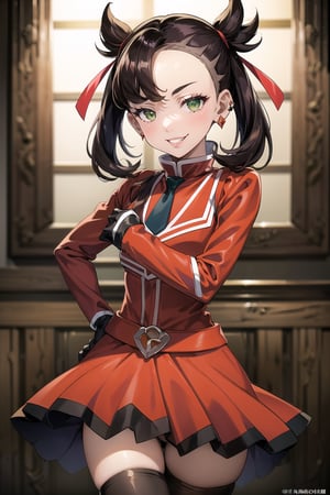 (best quality), (highly detailed), masterpiece, (official art),marnie, asymmetrical bangs, solo, twintails, ribbon, hair ribbon, jewelry, red ribbon, earrings, medium hair, green eyes, (team flare:1.2), gloves,juliet_sleeves, long_sleeves , pleated skirt, thighhighs, thigh boots, dress, belt, red dress, pantyhose, (lips), grin, smirk, (seductive pose), cowboy shot, looking at viewer, indoors, blurry background,depth of field, best quality, masterpiece, intricate details, tonemapping, sharp focus, hyper detailed, trending on Artstation,