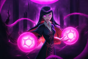 "Dark Sorceress Gwendolyn's Forbidden Power":
gwentennyson, long red hair, now twisted by dark magic, stands menacingly in her corrupted form. Her once-vibrant violet mage attire has transformed into a shadowy, tattered robe, pulsating with forbidden runes and dark flames. Her eyes glow with an ominous purple hue, and her expression is one of cruel dominance. In one hand, she clutches a cursed, blackened grimoire with glowing violet symbols that pulse with dark energy. Her other hand conjures an ominous ball of dark magic, swirling with shadowy tendrils and streaks of purple lightning.
The background is a dark, shattered void, filled with jagged cracks that leak sinister energy. Magic circles of forbidden glyphs spin around her, their deep purples and blacks contrasting against the darkened backdrop. Glistening, arcane chains twist and writhe in the air, like serpents of shadow, while forbidden runes and sigils shimmer in the darkness. Faint whispers of tortured souls emanate from the chaotic magical storm surrounding her. Streaks of corrupted purple flames and black smoke rise from the ground, engulfing the entire scene in a sense of forbidden power. Sharp, electric effects and glowing dark orbs hover in the air, as Gwendolyn channels the full force of her dark sorcery. The entire image glows with an eerie, shadowy light, casting deep, high-contrast shadows, and creating a menacing, oppressive atmosphere.,