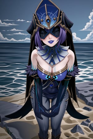 ((best quality)),  ((highly detailed)), (sumire kakei, long hair:1.2, purple hair) , masterpiece, 1girl,  evil smile:1.2, smug, seductive smile, solo, ,lips, makeup, ,standing,  ((blindfold, mask, eye mask)),MirrorMaiden, dress, cleavage, makeup, lipstick, ((blue lips:1.2)), blue headwear, hat, fur trim, blue gloves, gloves, elbow gloves, white pants,boots,  blush, beach, sand, water, posing, outdoors, ,MirrorMaiden,<lora:659111690174031528:1.0>
