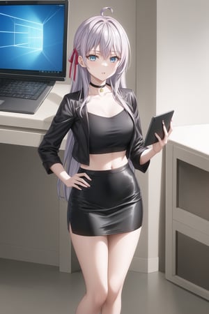 A close-up shot of alya, long hair, grey hair, blue eyes, hair between eyes, hair ribbon, red ribbon, ahoge, standing confidently with one hand on her hip. She is wearing a stylish crop top and a pencil skirt, with a black jacket and a choker. She holds a tablet PC in one hand and is surrounded by modern technology, including a computer monitor and a phone screen. The background features a soft gradient, creating a sleek and modern atmosphere. Her pose is casual, with parted lips, while the overall design emphasizes her intelligent and composed demeanor.