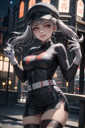 (best quality), (highly detailed), masterpiece, (official art), noelle_silva, silver hair, twintails, bangs, earrings, jewelry,,red eyes, red earrings, poke ball, poke ball (basic), holding poke ball, black headwear, cabbie hat, hat, posing, lips, ( evil smile), ,Grunt Team Rocket, dress, black dress, long sleeves, gloves, elbow gloves, belt, grey belt, skirt, thighhighs, looking at viewer, china, asiática, city, night, sky, (intricately detailed, hyperdetailed), blurry background,depth of field, best quality, masterpiece, intricate details, tonemapping, sharp focus, hyper detailed, trending on Artstation,1 girl, high res, official art,