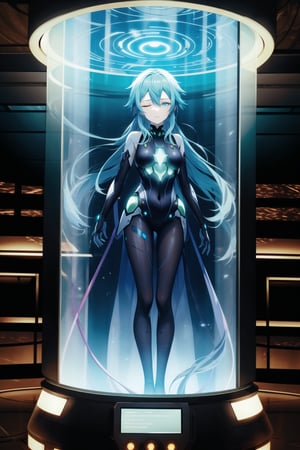 Sinon submerged in a futuristic stasis chamber, her form suspended in glowing blue liquid. Her blue hair floats gently around her, eyes closed in serene slumber. The chamber is made of sleek, transparent glass with glowing circuitry. The dimly lit lab is sterile, with holographic screens displaying her vitals. Soft, ethereal light from the chamber casts a calm, otherworldly glow, highlighting her peaceful expression.
