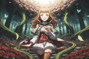 1girl, mimosa vermillion, orange hair, long wavy hair, green eyes, red earrings, lips, smile, beautiful face, turtleneck sweater, corset, capelet, red cape, thighhighs, thigh boots, sitting on a stone, surrounded by blooming flowers, clear sky, plants growing under her touch, large colorful leaves and vines forming a throne, midday sun, bright natural lighting, smiling softly, magic energy radiating from her hands, petals floating in the air around her, butterflies gathering near her, peaceful nature atmosphere, GFX effects: vibrant floral aura, glowing petals, magic vines glowing softly, lens flare from the sun, energetic magical swirls, gentle wind stirring the flowers, bright and serene, powerful contrast between magic and nature
