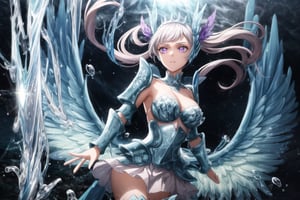 GFX wallpaper featuring Noelle Silva as a Valkyrie, with twintailed silver hair and shimmering water armor that appears both solid and liquid. The scene is illuminated by a radiant sword in her hand, casting light across the battlefield. Her wings, crafted from water, sparkle as if catching the light of a distant sun, and her purple eyes glow intensely. Water splashes around her armor, and energy beams shoot through the background. Her armored dress is detailed with intricate runes and silver accents, all glimmering as if imbued with magic. The background shows crashing waves, with water particles frozen mid-air, glowing in vibrant blue, violet, and white hues.