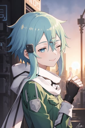 (best quality), (highly detailed), masterpiece, (official art), ((sinon1, cyberpunk, hair ornament, hairclip)), 1girl, upper body, bangs, blue eyes, blue hair, blurry, blurry background, fingerless gloves, green jacket, hair between eyes, hair ornament, hairclip, highres, jacket, long sleeves, outdoors, scarf, short hair, short hair with long locks, sidelocks, signature, sinon, solo, sunset, sword art online, turning head:1.2,(( looking sides, closed partially eyes)), blue eyes, smiling,