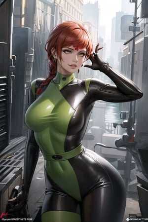 ((best quality)),  ((highly detailed)),  masterpiece,  ((official art)),   (makima, braided ponytail, ringed eyes, red hair), red eyes, earrings, (microchip:1.2), cyberpunk, paris, ruin, water drop, (shegosuit), green bodysuit, latex ,smile, lips, pose, cowboy_shot, scenery, intricately detailed,  hyperdetailed,  blurry background, depth of field,  best quality,  masterpiece,  intricate details,  tonemapping,  sharp focus,  hyper detailed,  trending on Artstation, 1 girl,  high res,  official art