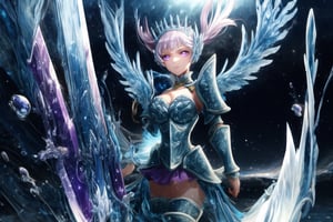 GFX wallpaper featuring Noelle Silva as a Valkyrie, with twintailed silver hair and shimmering water armor that appears both solid and liquid. The scene is illuminated by a radiant sword in her hand, casting light across the battlefield. Her wings, crafted from water, sparkle as if catching the light of a distant sun, and her purple eyes glow intensely. Water splashes around her armor, and energy beams shoot through the background. Her armored dress is detailed with intricate runes and silver accents, all glimmering as if imbued with magic. The background shows crashing waves, with water particles frozen mid-air, glowing in vibrant blue, violet, and white hues.,DonMRun3Bl4d3