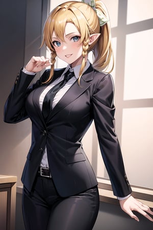 (best quality), (highly detailed), masterpiece, (official art), leafa, pointy ears, long hair, ponytail, braid, blonde hair,, lips, smile, necktie,pose,  black jacket,(black suit), open suit,  open jacket,long sleeves, shirt tucked in,looking at viewer, shirt, black necktie, white shirt, medium breasts,window, formal, office lady,pants, black pants, black belt, business suit, suit,  (intricately detailed, hyperdetailed), blurry background,depth of field, best quality, masterpiece, intricate details, tonemapping, sharp focus, hyper detailed, trending on Artstation,1 girl, solo,high res,official art