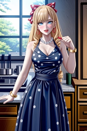 ((best quality)),  ((highly detailed)),  masterpiece,1girl, 1girl,  seductive smile, solo,   (Stepford),lips, makeup, lipstick,red lips, (pose),(polka dot:1.4), (polka dot dress:1.4),(pearl necklace:1.2), pearl bracelet, bare shoulders,(red dress:1.2),aroused, blush ,standing,  (large pearl necklace), (hoop earrings:1.2), looking at viewer, standing, cowboy shot, kitchen, cooking, indoors, house, windows, cortain, food,ClaireFran ,jewelry,bangs,drill hair, hair bow, blue eyes, bow ,blonde hair, long hair,drill hair,<lora:659111690174031528:1.0>