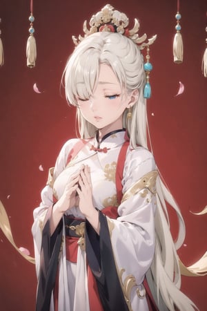  elizabeth, long hair, blue eyes, white hair, hair over one eye,  beautiful girl,wearing black, lips,A Chinese ancient beauty is praying, with hands clasped together, eyes closed in silence, wearing a solemn yet beautiful expression, Red Background