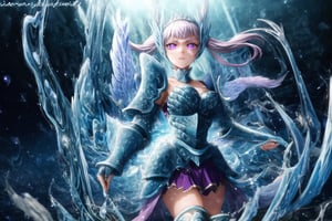 GFX wallpaper featuring Noelle Silva as a Valkyrie, with twintailed silver hair and shimmering water armor that appears both solid and liquid. The scene is illuminated by a radiant sword in her hand, casting light across the battlefield. Her wings, crafted from water, sparkle as if catching the light of a distant sun, and her purple eyes glow intensely. Water splashes around her armor, and energy beams shoot through the background. Her armored dress is detailed with intricate runes and silver accents, all glimmering as if imbued with magic. The background shows crashing waves, with water particles frozen mid-air, glowing in vibrant blue, violet, and white hues.,DonMRun3Bl4d3