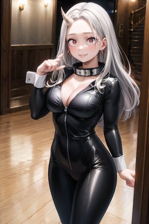 masterpiece,best quality,highres,ultra-detailed, eri, long hair, (red eyes:1.5), grey hair, horns, child, single horn, female child, pose, hoop earring, long_sleeves,large breasts, seductive smile, collar, (((black bodysuit, wrist cuffs))), latex:1.2, large breasts, cleavage,indoors,school, hallway, staircase,standing