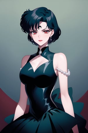 evil smile, red eyes, jewelry,  earrings, makeup, facial mark, lipstick,  forehead mark, crescent facial mark, crystal earrings,crescent, mer1, short hair, blue hair
(best quality), (highly detailed), masterpiece, (official art), A dark and mysterious female character inspired by classic anime style, with a gothic yet elegant appearance.  Her eyes are a striking, deep purple, matching the darker tones in her hair. She has a cold, expressionless face with pale skin and dark, bold lips, giving her a commanding and intimidating presence. She wears a form-fitting, sleeveless, dark blue dress that accentuates her figure. The dress has a high collar and an intricate, layered design with pointed edges at the hem. A series of pearl chains drape gracefully over her shoulders, adding a touch of sophistication and luxury to her outfit. The pearls contrast against the dark tones of her attire, drawing attention to her upper body. Her accessories include dangling pearl earrings that match the chains on her dress, enhancing her overall aristocratic and refined appearance. The background is kept simple to focus on the character, highlighting her gothic elegance and the intricate details of her attire. The overall atmosphere is dark and mysterious, with a sense of power and control emanating from her poised stance.