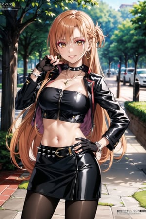 (best quality), (highly detailed), masterpiece, (official art), , aaasuna ,brown eyes, long hair, (orange hair), (multicolores hair:1.2, red hair:1.2), smirk, grin, smile, cross-laced clothes,  (spiked bracelet),  necklace, corset,  bustier, park,  hoop earring, hand on hip ,navel, (makeup:1.3) (lips:1.3),  (seductive pose:1.2), (latex), (black top),  (black tube top:1.2), gloves,  fingerless gloves, ((jacket)),  skirt,  black choker,  black leather jacket,  (dark jacket), belt,  pencil skirt,  pantyhose,  open jacket,  miniskirt,  (black skirt),  black gloves,  black legwear,  black choker,  medium breast,  standing, , (park), (tree), standing (intricately detailed,  hyperdetailed),  blurry background, depth of field,  best quality,  masterpiece,  intricate details,  tonemapping,  sharp focus, hyper detailed, trending on Artstation,1 girl, solo,high res,official art, ,edgCJ