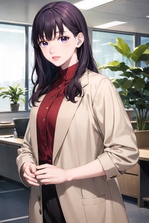 ((best quality)), ((highly detailed)), masterpiece, ((official art)), yuki itose, long hair, bangs, brown hair, black hair, (purple eyes:1.1), blunt bangs, wavy hair,
BREAK jacket, sweater, lips, red shirt,
BREAK indoors,
BREAK looking at viewer,  (office:1.3), (window, indoors, plant), (lips:),, solo, (cowboy shot:1.2), standing, , intricately detailed, hyperdetailed, blurry background, depth of field, best quality, masterpiece, intricate details, tonemapping, sharp focus, hyper detailed, trending on Artstation, 1 girl, high res, official art, ,yuki itose