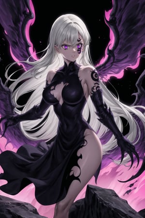 monochrome,greyscale,(tattoo,facial mark,aura,glowing,bodypaint,smoke,dark aura:1.2),1girl,long hair,medium breasts,black hair,angry,purple eyes,wings,claws,looking at viewer,nude,censored,armor,convenient censoring,Elizabeth, black hair, lips, ruler of hell, stands as a malevolent dictator, her long hair flowing like darkness itself, gradient from white to dark, framing her cold gaze. Her elaborate gown, adorned with sinister symbols and glowing red accents, reflects her dominance and cruelty. The background features a hellish landscape: rivers of lava, jagged rocks, tormented souls, and dark clouds with lightning. Eerie, red and black glows illuminate the scene, capturing the dark and oppressive atmosphere of her dominion.