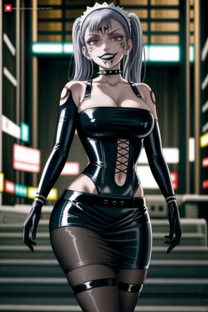 ((best quality)),  ((highly detailed)),  masterpiece, (Black lips:1.4),  ((official art)),  detailed face,  beautiful face, narrow_waist:1.3, dominatrix:1.3,puffy_short_sleeves, (sukunatattoo:1.3, maid:1.4) , (intricate black dress:1.4),top tube,  navel, midriff, (pubic tattoo:1.3), (detailed eyes,  deep eyes),(science fiction, cyberpunk:1.3, street, shopping, dark background),((smirk, grin, naughty face, seductive smile, smug)) ,,(lips), ((noelle_silva, silver hair,twintails, bangs, earrings, jewelry)) ,(red eyes:1.3),  cross-laced clothes:1.3, (spiked bracelet), corset:1.4, hoop earring, curvaceous, voluptuous body, (makeup) (lips:1.3), (latex),  (black tube top:1.2), gloves, elbow gloves, skirt, black choker, belt, pencil skirt, pantyhose, miniskirt, (black skirt), black gloves, black legwear, black choker ,large breasts, (intricately detailed, hyperdetailed), blurry background, depth of field, best quality, masterpiece, intricate details, tonemapping, sharp focus, hyper detailed, trending on Artstation, 1 girl, solo, high res, official art,RockOfSuccubus,,StandingAtAttention,,<lora:659111690174031528:1.0>