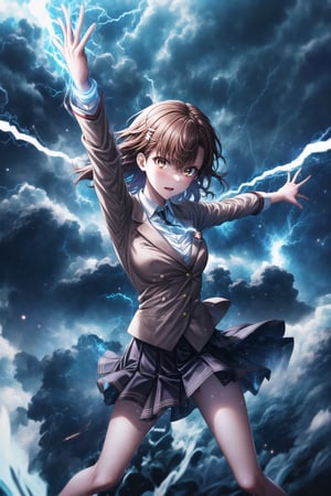 1girl, mikoto_misaka, short hair, brown hair, brown eyes, school_uniform, skirt, electricity, rising_into_the_air, floating, arms outstretched, head tilted up, electricity surging through the air around her, lightning bolts striking from the sky towards her, glowing electric field surrounding her body, static energy crackling through the scene, her body radiating with electric light, eyes glowing faintly, GFX elements: massive lightning strikes, electric storm in the sky, swirling dark clouds, glowing symbols in the air, shockwave distorting the space around her, electric arcs in the clouds, particles caught in the electric field, blue energy ripples, high-dynamic lighting, sharp electric highlights, charged atmosphere, motion blur on energy movements,aamikoto