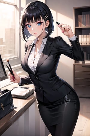 (best quality), (highly detailed), masterpiece, (official art), suguha, short hair, black hair, bob cut, hairclip, hair ornament, blunt bangs, lips, 3-piece business dress, ((professional attire, confident pose)), modern office setting, (((elegant hairstyle, stylish makeup))), neutral color palette, high heels, office accessories, natural lighting, corporate ambiance, subtle jewelry, sleek design, sophisticated demeanor, ((composed expression)).  (intricately detailed, hyperdetailed), blurry background,depth of field, best quality, masterpiece, intricate details, tonemapping, sharp focus, hyper detailed, trending on Artstation,1 girl, solo,high res,official art