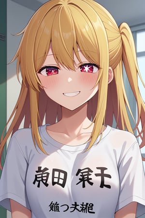 score_9, score_8_up, score_7_up, BREAK source_anime, 1girl, hoshino ruby, blonde hair, long hair, one side up, red eyes, mismatched pupils, star-shaped pupils, smile, half-closed eyes, blush, looking at viewer, using shirt with "LOVE" writing, japanese text, indoors 