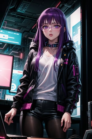 masterpiece,best quality,highres,ultra-detailed,purple hair, long hair, Saori, hacker, computer, monitor, wive, cable, cyberpunk, indoors, neon nigth, Cyborg, chip, cyberpunk, collar, jacket,((cyberpunk glasses))