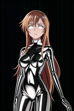 (best quality), (highly detailed), masterpiece, (official art), makeup, 1girl, solo,(asuna yuuki, orange hair, red hair, long hair), closed mouth,(graybot:1.2), black bodysuit, (shiny body:1.2), (shiny clothes),latex bodysuit, large breast, looking at viewer,  ,graybot,(whiteeyes),((black background, simple background)),StandingAtAttention,,,,<lora:659111690174031528:1.0>