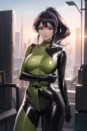 ((best quality)),  ((highly detailed)),  masterpiece,  ((official art)),  akeno himejima, pony tail, long hair, , earrings, jewelery, (microchip), cyberpunk, paris, ruin, water drop, (shegosuit), green bodysuit, latex ,smile, lips, pose, cowboy_shot, scenery, intricately detailed,  hyperdetailed,  blurry background, depth of field,  best quality,  masterpiece,  intricate details,  tonemapping,  sharp focus,  hyper detailed,  trending on Artstation, 1 girl,  high res,  official art,
