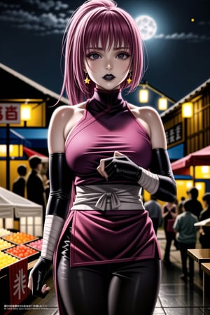 ((best quality)),  ((highly detailed)),  masterpiece,  ((official art)),  detailed face,  beautiful face, (black lips:1.4), (lips)  (detailed eyes,  deep eyes),(market, outdoor, lamp, chinese market. food, food market, people background, nigth, moon, space, star) ,cowboy shot, ,high society,  expressionless, parted_lips, sumire kakei, (pink hair:1.3, long ponytail:1.2, long sidelocks:1.3, hoop earring, multicolored hair) , (lips),(makeup:1.4), nail polish, bare shoulders,(pink dress:1.2, latex:1.2), ((((ninja, elbow gloves, bandages, black pants)))),curvaceous,  voluptuous body, (large breast:1.2),  (intricately detailed, hyperdetailed), blurry background, depth of field, best quality, masterpiece, intricate details, tonemapping, sharp focus, hyper detailed, trending on Artstation, 1 girl, solo, high res, official art,StandingAtAttention,,<lora:659111690174031528:1.0>