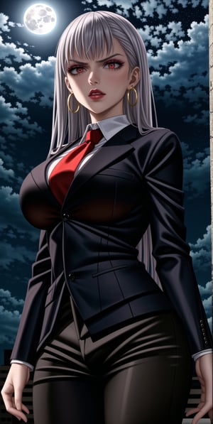 noelle_silva, bangs, silver hair, ((long hair)),  (((hoop earrings, makeup, lips))), ((large breast)) ,(((narrow_waist))), ((((black suit, black pants)))), white shirt, red necktie, 1girl, earrings, jewelry, night, solo, outdoors, city, star \(sky\), ((red necktie:1.2)), moon, night sky, red eyes, starry sky, sky, shirt, moonlight, formal, standing, full moon, suit, cowboy shot, day,  pants, blue sky,((((black business suit)))), standing,sexy lawyer,(glaring:1.2),glistening skin, (black suit:1.5),  ,,,<lora:659111690174031528:1.0>