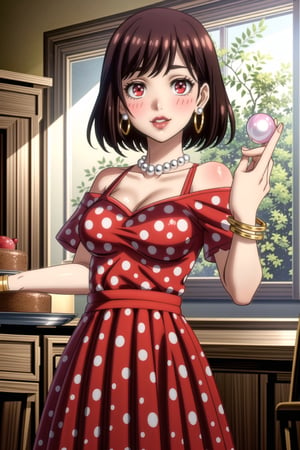 ((best quality)),  ((highly detailed)),  masterpiece,1girl, 1girl,  seductive smile, solo,   (Stepford),lips, makeup, lipstick,red lips, (pose),(polka dot:1.4), (polka dot dress:1.4),(pearl necklace:1.2), pearl bracelet, bare shoulders,(red dress:1.2),aroused, blush ,standing,  (large pearl necklace), (hoop earrings:1.2), looking at viewer, standing, cowboy shot, kitchen, cooking, indoors, house, windows, cortain, food ,RaeTaylor,red eyes, short hair, brown hair, ,,<lora:659111690174031528:1.0>
