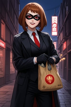 score_9, score_8_up, score_7_up, intricate details,1girl, malicious expression, sadistic grin, villainous attitude,lips, black lips, grin, red eyes, smirk, evil smile,1girl, Ochako Uraraka, black hair with red tips, bank heist, villain outfit, black leather suit, holding bag of money, holding handgun, gun, handgun, bank robbery, levitating money bags, vault door open, thief outfit, loose black jacket, cargo pants, wearing a domino mask, carrying a large money bag, exiting a bank vault, broken safe in the background, dark gloves, quick getaway, alarm lights flashing, dimly lit scene, red emergency lighting, cautious posture, money spilling from bag, night-time heist, dark alley, tense atmosphere,(ncursioDipDyedHair,red IncursioDipDyedHair