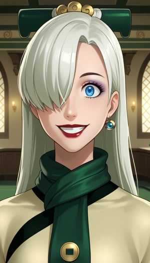 score_9, score_8_up, score_7_up, intricate details,1girl, elizabeth, long hair, white hair,hair over one eye, blue eyes, red lips, indoors,joo dee, dress, scarf, hair ornament, grin, smile, lips, joo dee,  full body,long dress, green scarf, beige dress, teeth,makeup,wide-eyes, eyeshadow,