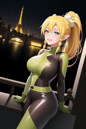 ((best quality)),  masterpiece, dynamic angle, leafa, pointy ears, long hair, ponytail, braid, blonde hair, cyberpunk, paris, ruin,night ,(shegosuit) , smile, lips, scenery,  blurry background, 1 girl,  high res,  official art,empty eyes,b1mb0