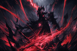 Diane, ruler of hell, stands tall, twintails black hair tied with hair scrunchies cascading down her back. She wears an elaborate gown with sinister symbols and glowing red accents, framing her cold gaze with a crescent face mark and crystal black earrings. A massive spiked mace rests in one hand, reinforcing her dominance over the kingdom. Black demonic armor covers her body, reflecting the ominous red light of her infernal realm. Her large black wings spread wide, casting long shadows over the oppressive scene: rivers of lava flow through jagged rocks, tormented souls writhing along cliffs, and dark clouds pierced by bolts of demonic lightning. The backdrop is a hellish landscape with red and black glowing effects, eerie light rays, and sparks of energy creating a surreal and chaotic atmosphere. Digital distortion effects, glitchy bursts of light, and electrical discharges add a modern intensity to this dark and foreboding scene, as if the very fabric of reality is distorted by Diane's malevolent presence.