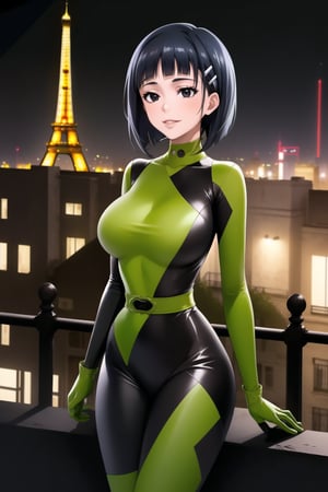 ((best quality)),  masterpiece, dynamic angle, (microchip), suguha, Bob cut, short hair, black hair, hair clip, black eyes, cyberpunk, paris, ruin,night ,(shegosuit) , (expressionless:1.2), smile, lips, scenery,  blurry background, 1 girl,  high res,  official art,empty eyes