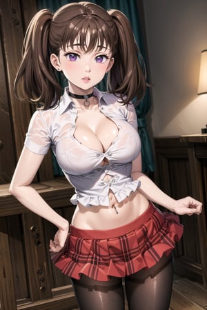 masterpiece,best quality,highres,ultra-detailed, diane, twintails, brown hair, purple eyes, white shirt, skirt, large breasts, navel, cleavage, pantyhose,  choker, midriff, miniskirt, lips, plaid, red plaid skirt, piercing, fishnets,  fishnet pantyhose, white tied shirt:1.2, navel piercing, , standing, StandingAtAttention,diane