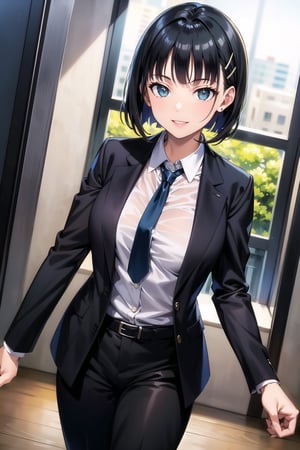 (best quality), (highly detailed), masterpiece, (official art), suguha, short hair, black hair, bob cut, hairclip, hair ornament, blunt bangs, lips, smile, necktie,pose,  black jacket,(black suit), open suit,  open jacket,long sleeves, shirt tucked in,looking at viewer, shirt, black necktie, white shirt, medium breasts,window, formal, office lady,pants, black pants, black belt, business suit, suit,  (intricately detailed, hyperdetailed), blurry background,depth of field, best quality, masterpiece, intricate details, tonemapping, sharp focus, hyper detailed, trending on Artstation,1 girl, solo,high res,official art