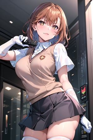 ((best quality)),  ((highly detailed)),  masterpiece,1girl, ((remote_control, aiming_at_viewer, closed_mouth, sparkling_eyes, smug, shaded_face)),(large breasts), tokiwadai school uniform, sweater vest, short sleeves, (](white gloves, elbow gloves)), pleated skirt, white thighhighs ,1girl, lips:1.2, makeup:1.2, ((gyaru)) ,jewelry, blush, earrings, looking at viewer, standing, cowboy shot, red hair, school, short hair, aamikoto ,hmmisaki,hypnoCollar,V-shaped eyebrows, 1girl