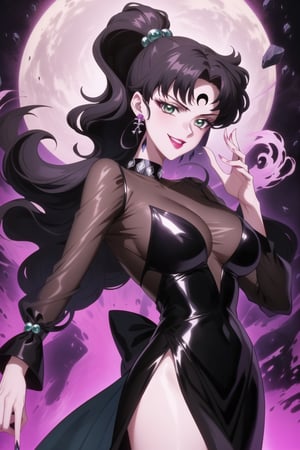 (best quality), (highly detailed), masterpiece, (official art), hmjupiter, green eyes, ponytail, brown hair, makeup, ((forehead mark, crescent facial mark, black crystal earrings)), aged up, evil smile, lips, lipstick, posing, anime coloring, ((black dress, long sleeves, see-through)), pink dress, side slit, A dark and mysterious female character inspired by the style of classic anime. She has an evil face with an evil smile, giving her an imposing and intimidating presence. The overall atmosphere is dark and mysterious, with a sense of power and control emanating from her posture.