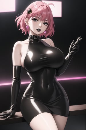 (best quality), (highly detailed), masterpiece, (official art),  ,anya forger:1.3,ahoge, hair ornament,( anya, hair ornament, pink hair, short hair),Earrings,   gem earring:1.2,black_earrings, lips:1.2, black lips:1.4, makeup:1.2, lipstick:1.2,  makeup, black eyes:1.2, ,black collar, black latex dress, black latex elbow gloves, crystal earrings, distant gaze, elbow gloves, female, female only, fetish wear, gloves, hand on butt, hand on knee, only, large breasts, latex, latex dress, latex elbow gloves, latex gloves, light-skinned female, light skin, long dress, solo, solo female,lips, cowboy shot, large breast, looking at viewer, (/nightclub scene, neon lights)), , club, (nigth club), ,hd quality, perfect face ,realistic, realistic body , perfect face sync,night club,StandingAtAttention,marinette,night club,b1mb0, dancing:1.2,