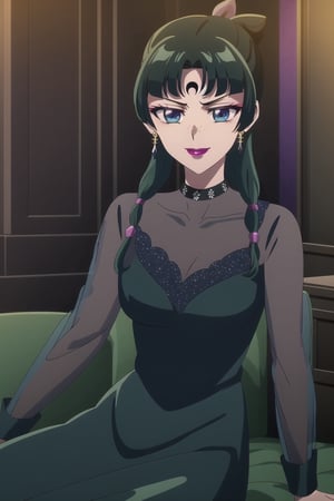 (best quality), (highly detailed), masterpiece, (official art), maomao,1girl,blunt bangs,green hair,blue eyes,sidelocks,twin braids,hair over shoulder,hair beads,half updo,single hair bun,hair ribbon,freckles, forehead mark, crescent facial mark, black crystal earrings, aged up, evil smile, lips, lipstick, posing, anime coloring, black dress, long sleeves, see-through, choker, skirt, black hair, jewelry, medium breasts, earrings, black eyes, makeup, lipstick, forehead mark, purple lips, pearl (gemstone), tomoe hotaru,,  sitting, 